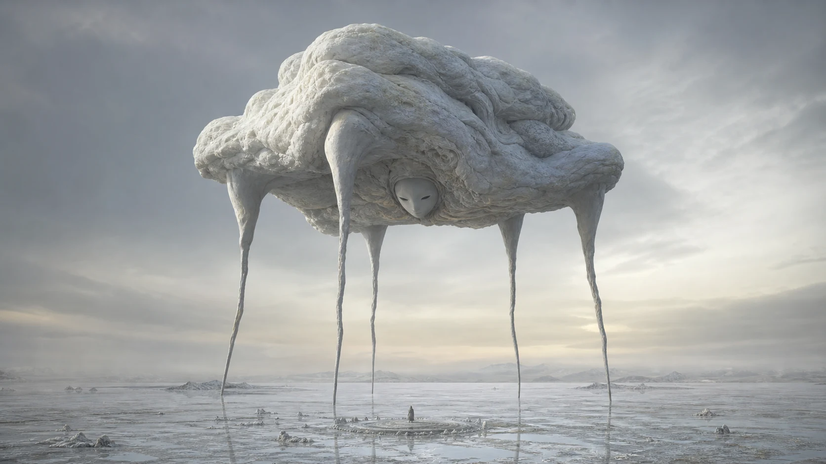 长腿的云状幻想生物行走在开阔大地上